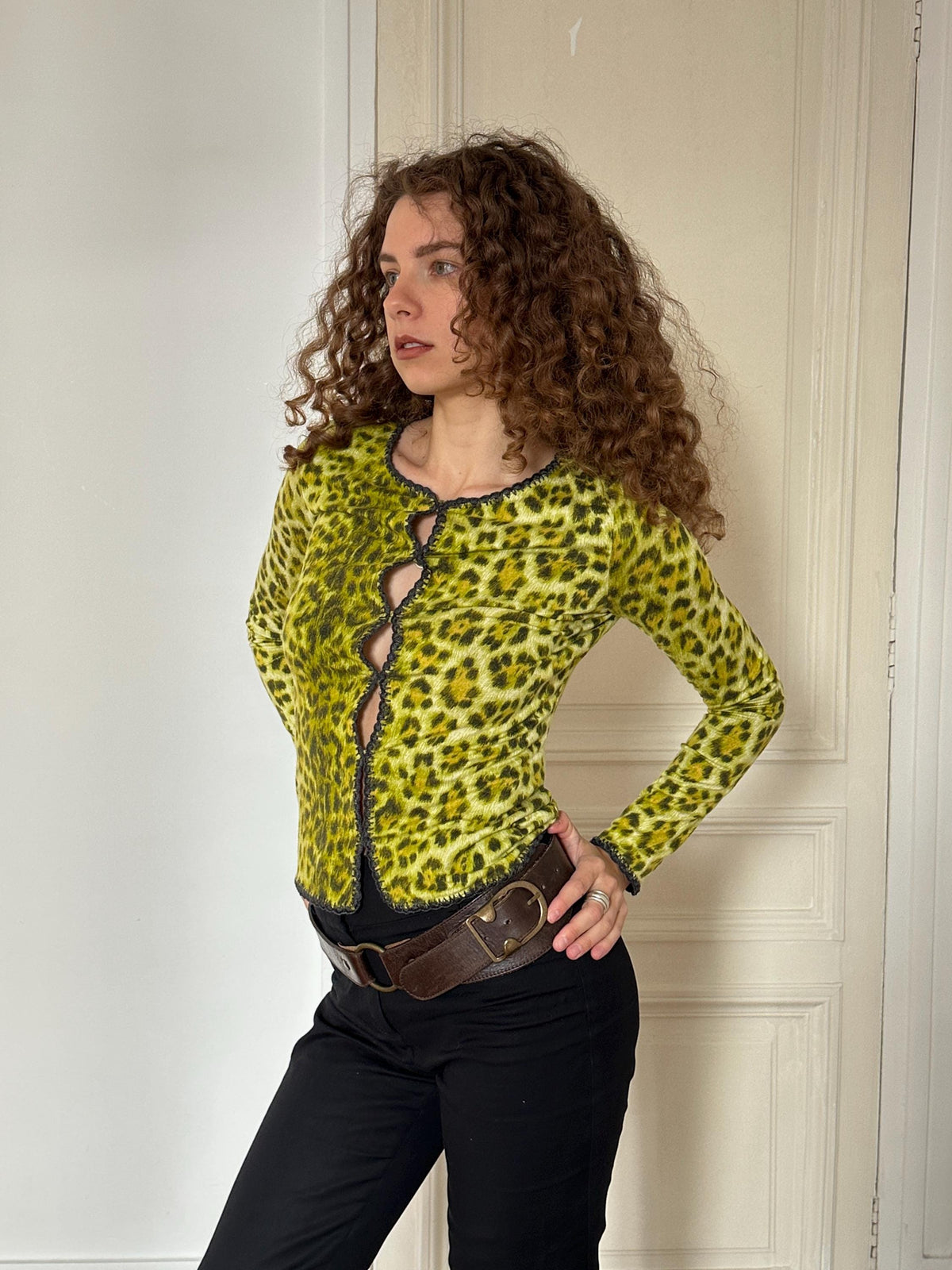 Vintage Moschino Jeans Green Leopard Print Cardigan