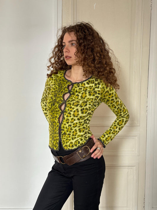Vintage Moschino Jeans Green Leopard Print Cardigan