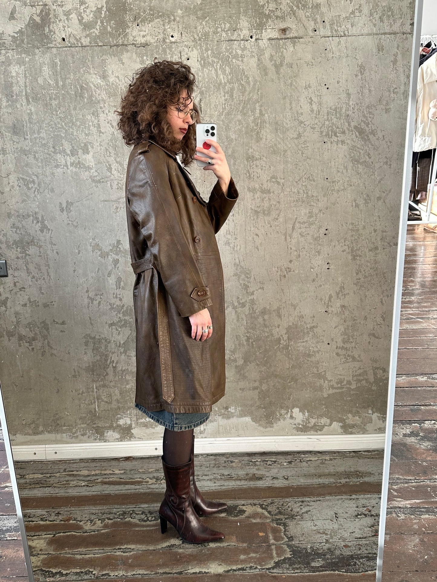 Vintage 90s genuine leather coat in brown, belted coat