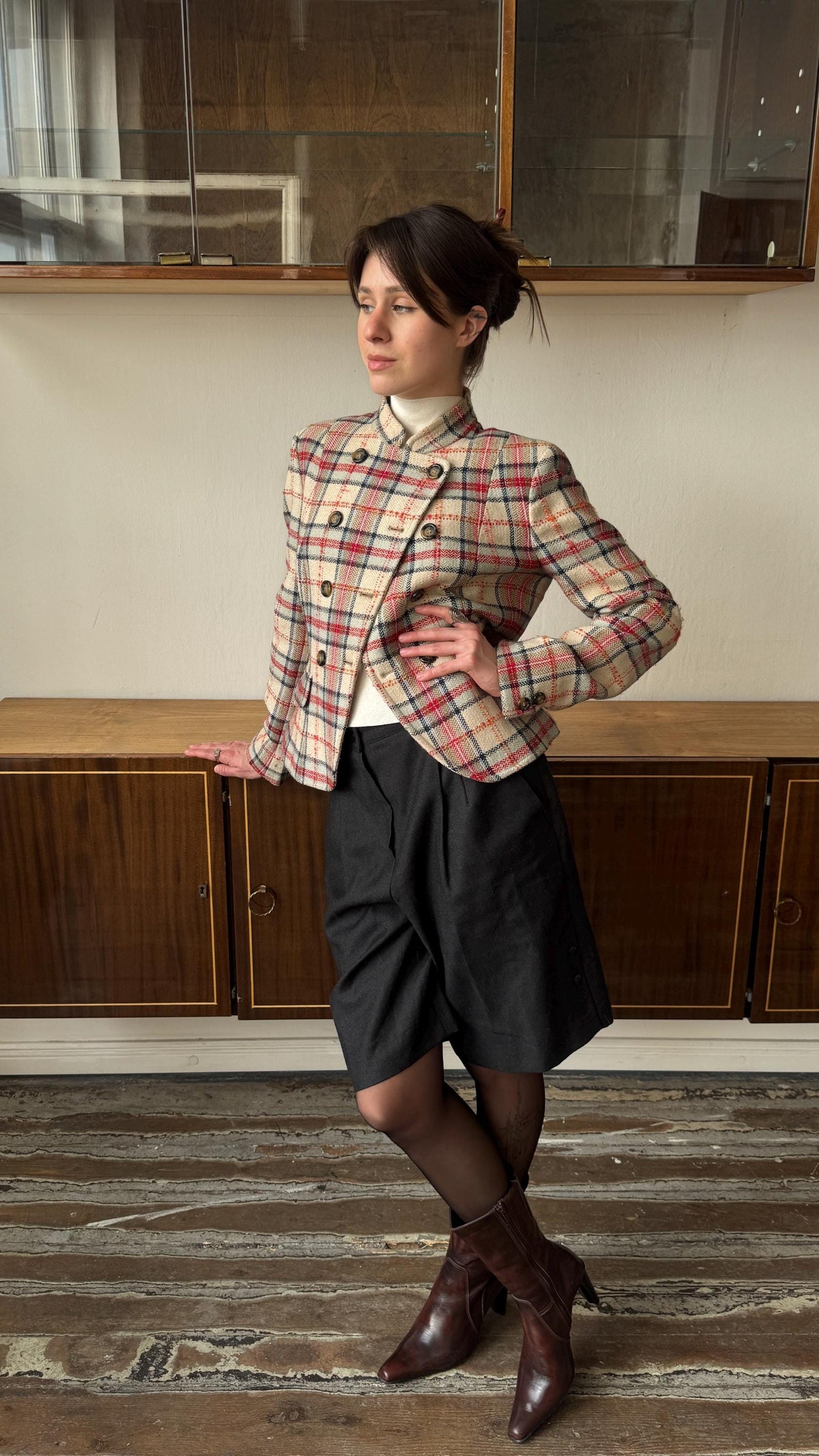 Vintage Weekend Max Mara Plaid Wool Blazer in Pink and Beige