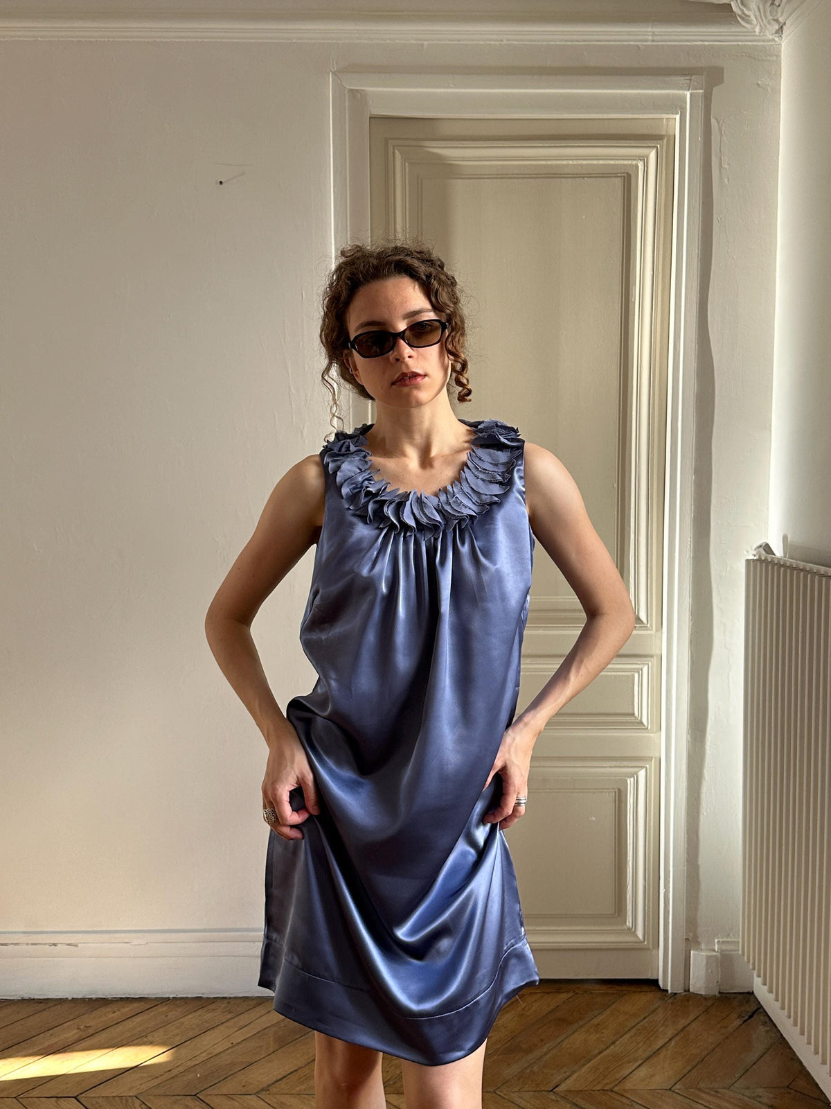 Vintage Petal Ruffle Silky Cocktail Dress in Lilac