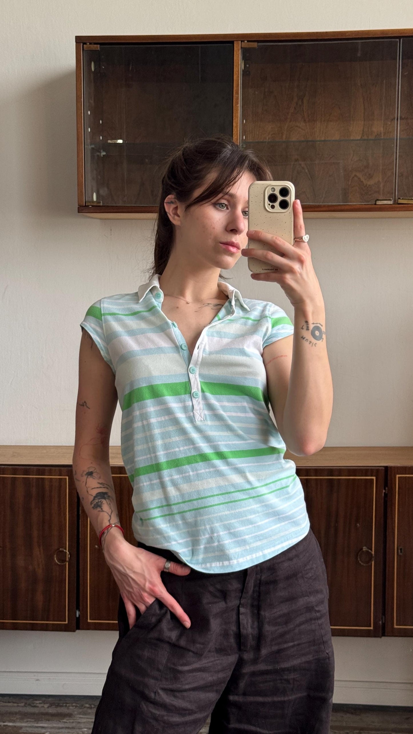 Vintage PUMA striped polo t-shirt in blue with logo