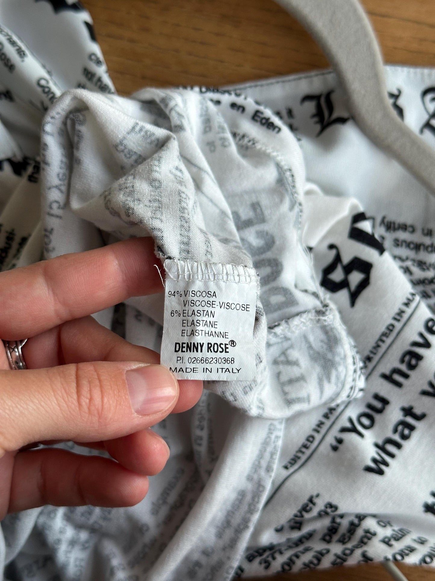 Vintage Denny Rose Newspaper Print One-Shoulder Top in Black and White