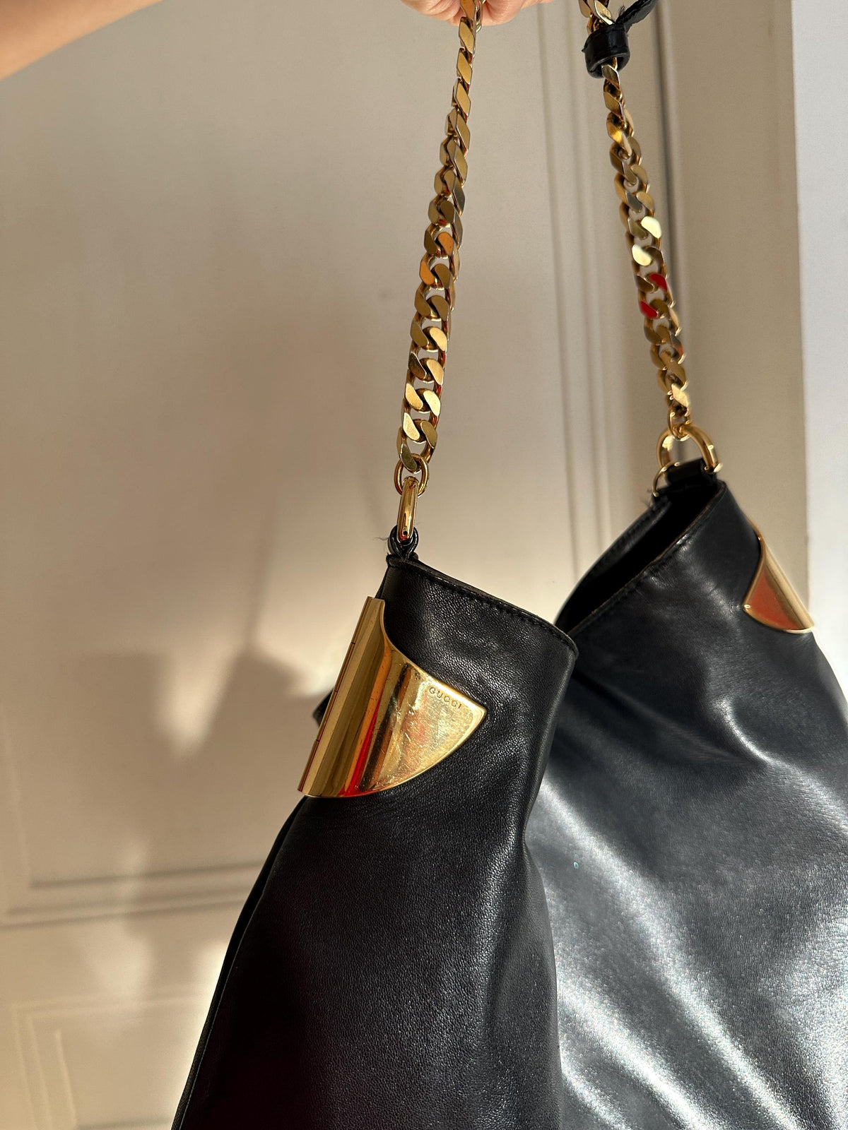 Vintage Gucci 1970 Black Leather Hobo Shoulder Bag
