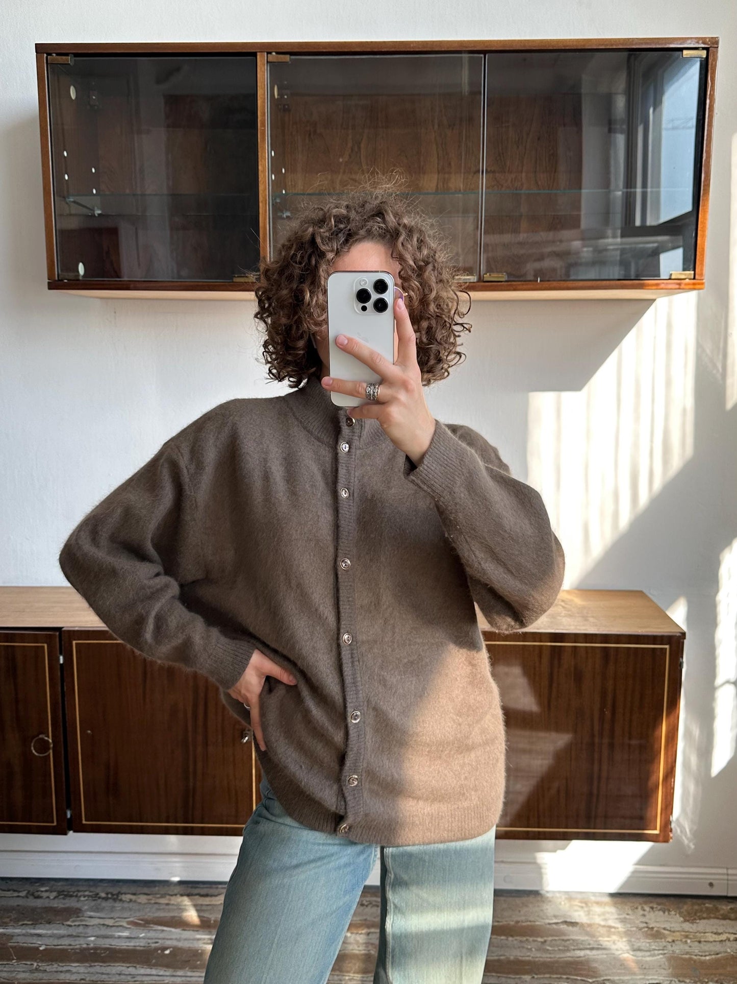 Vintage angora cardigan in brown, 80s fuzzy oversized sweater