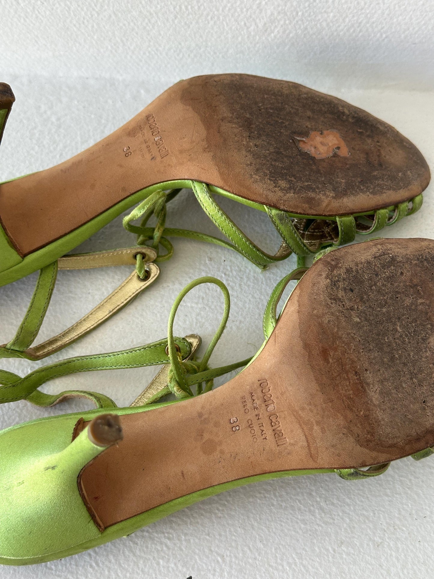 Roberto Cavalli Lime Green Metallic Satin Strappy Heels I EU 38
