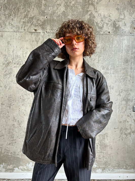 Vintage 90s CAMEL ACTIVE distressed leather bomber jacket in brown