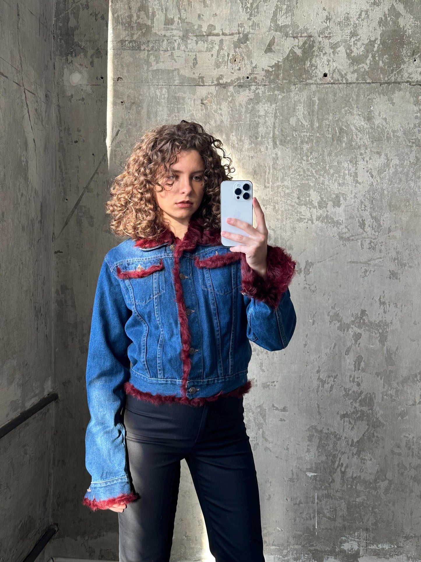 Vintage blue denim bomber jacket with fur lining