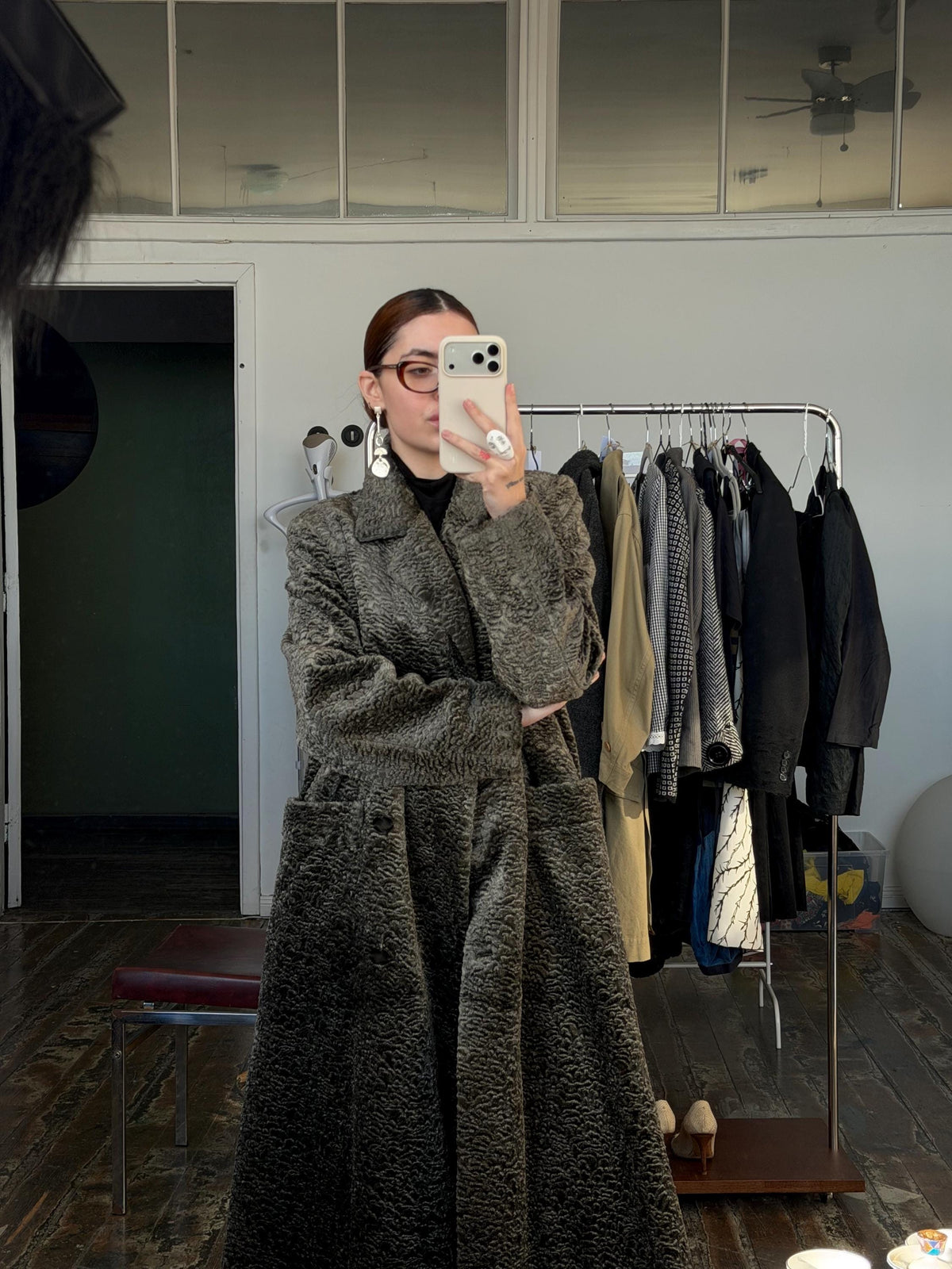 Vintage 80s Astrakhan Long Winter Coat in Grey