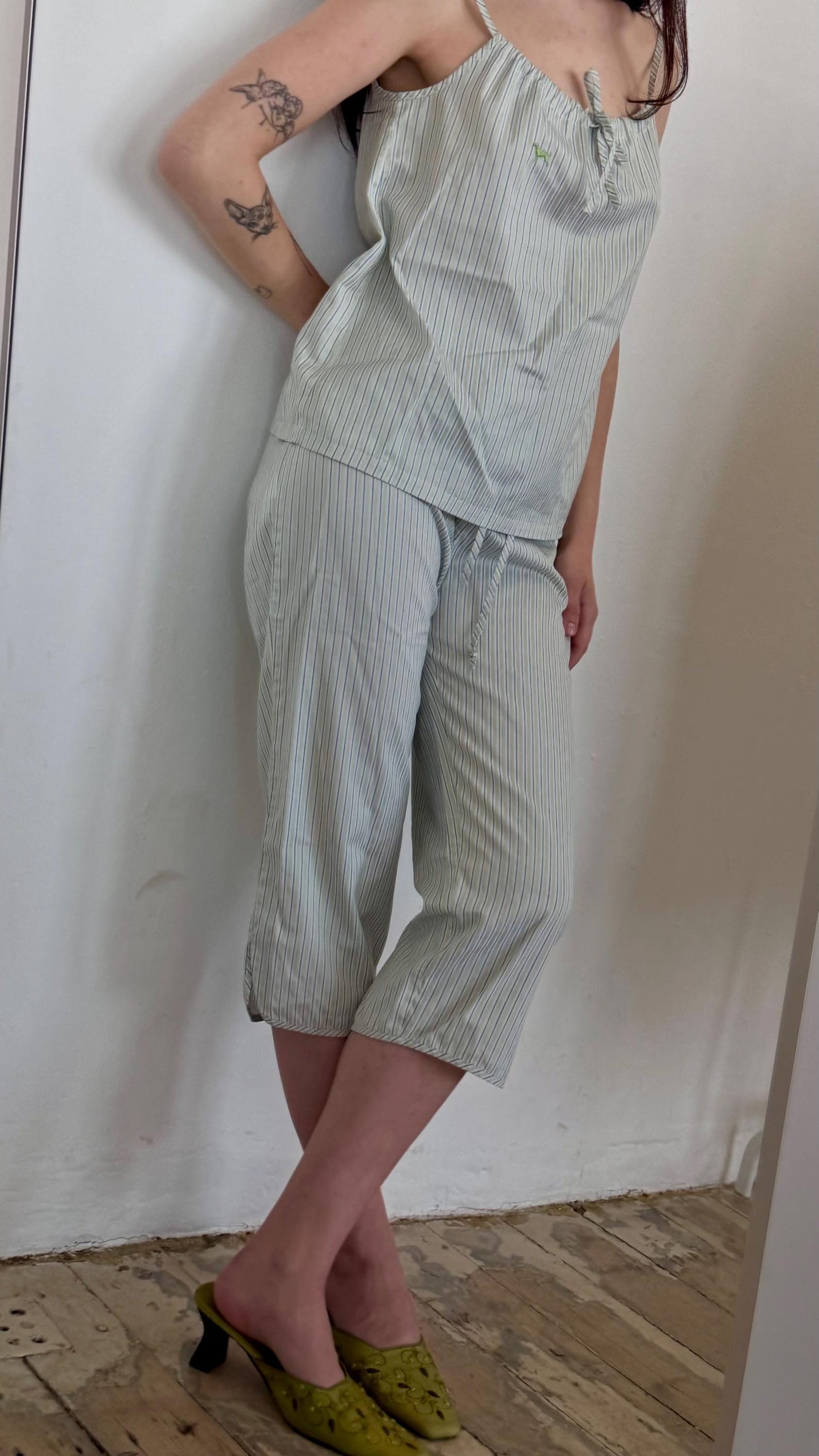 Vintage 90s striped pajama cotton top and trousers set in white
