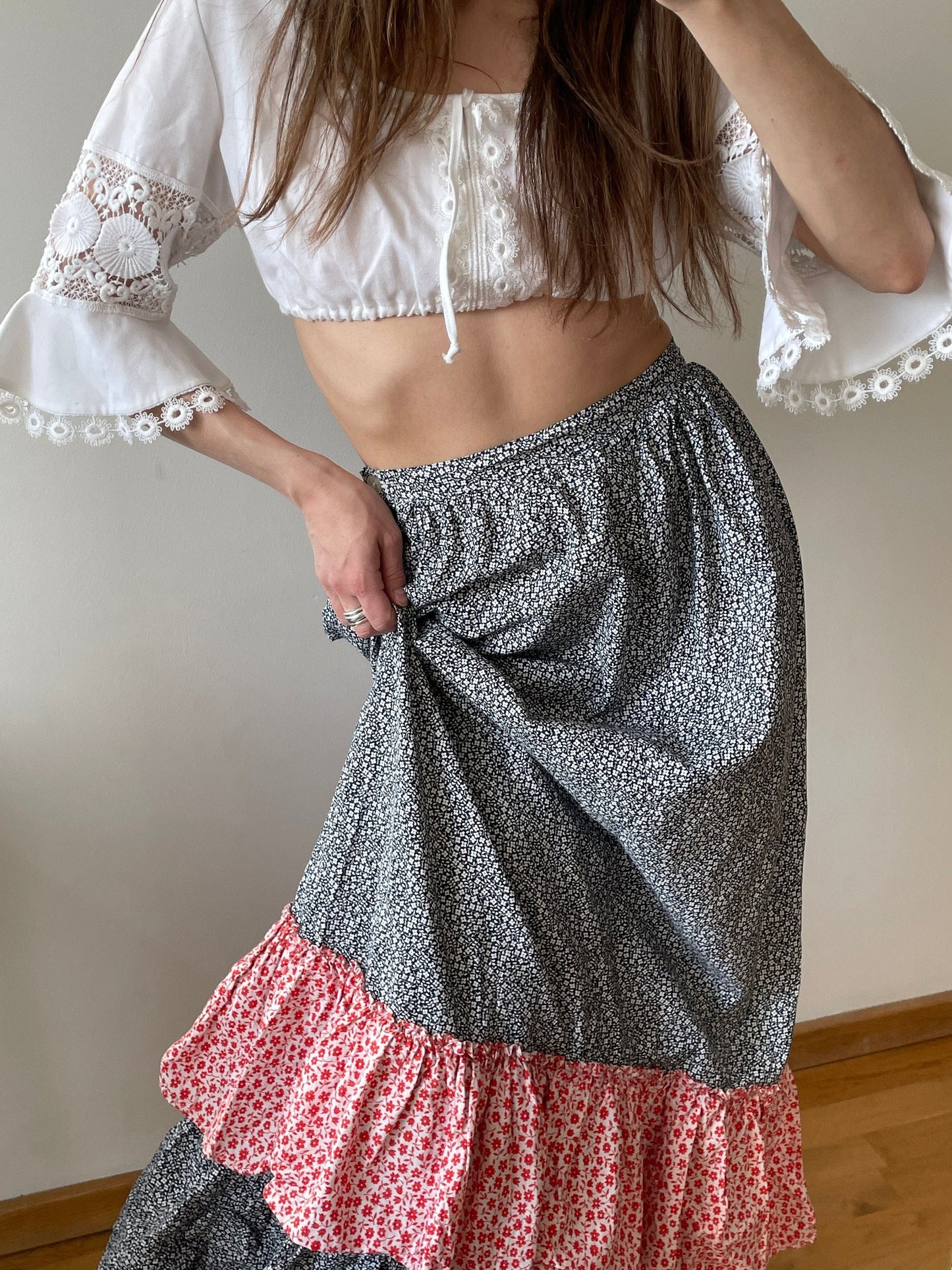 Vintage loose linen skirt, traditional maxi skirt with flowers