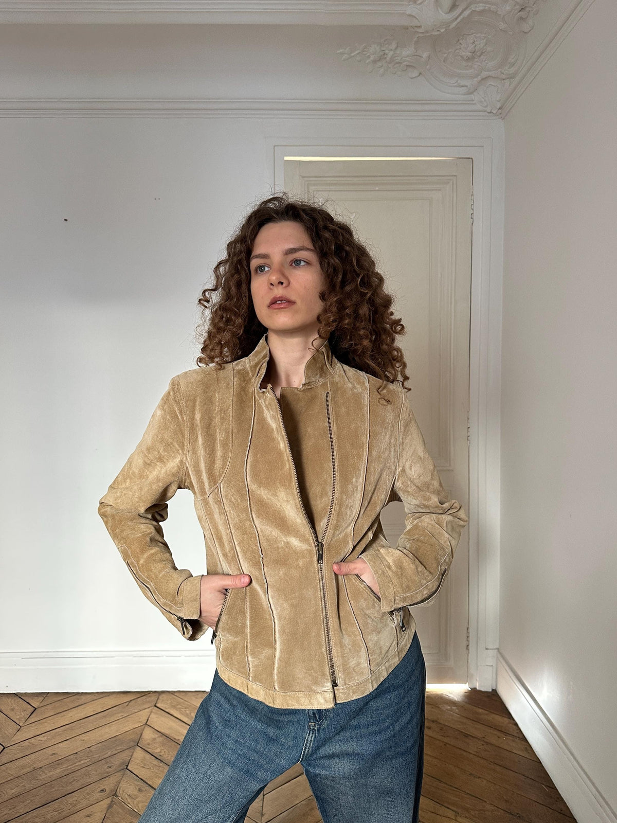 Vintage 90s Beige Suede Leather Motorcycle Jacket