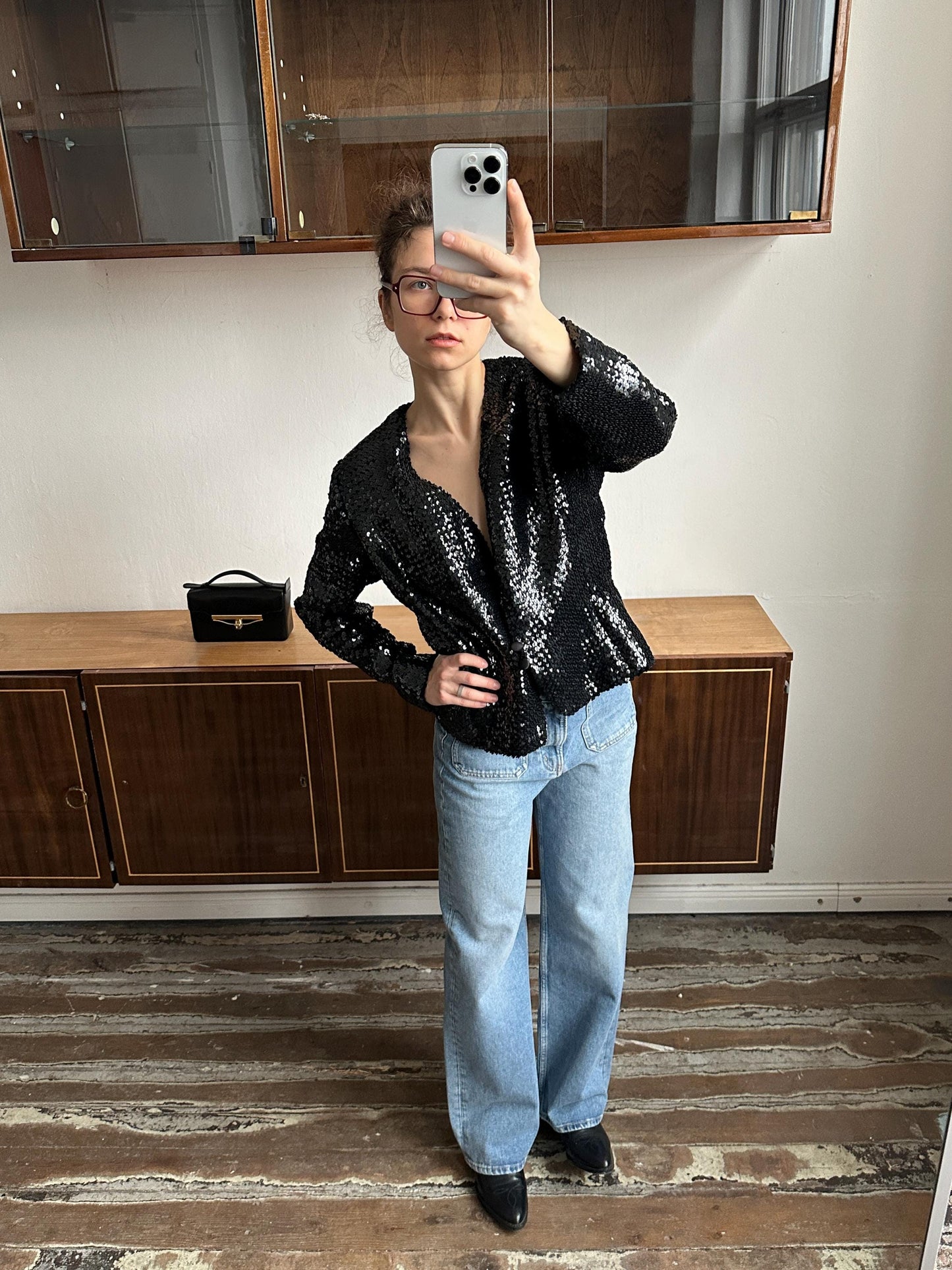 Vintage 90s Sparkle Sequin Party Evening Blazer In Black