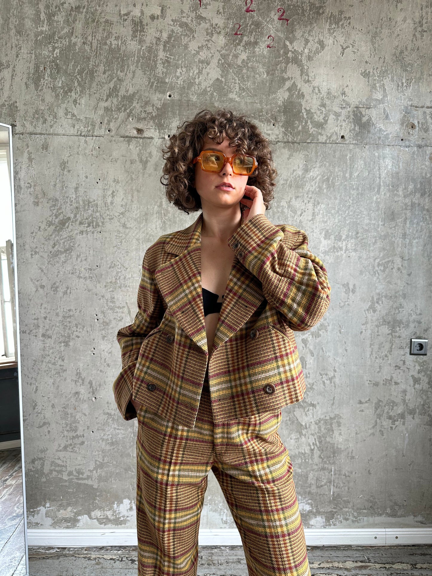Archive 80s ISSEY MIYAKE SPORT wool check tweed suit in brown
