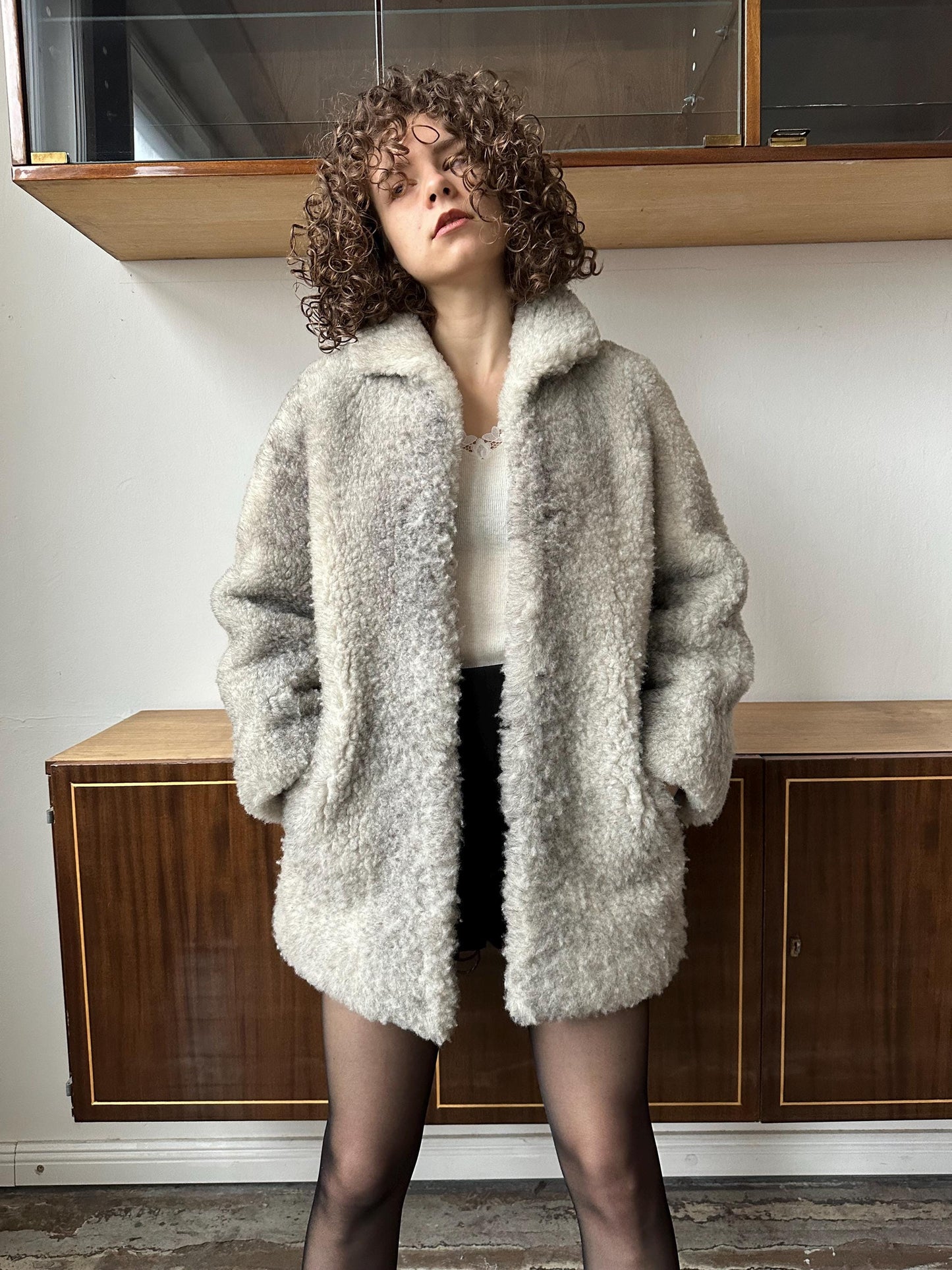 Vintage 80s fitted winter wool coat in grey