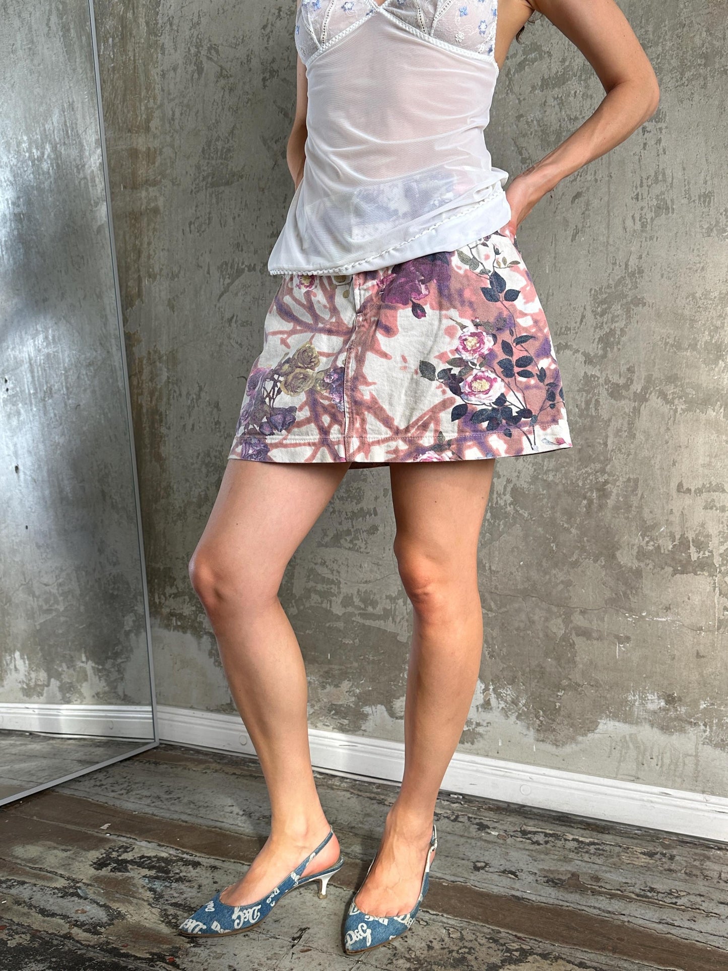 Vintage Y2K Cavalli Denim Floral Mini Skirt in Pink