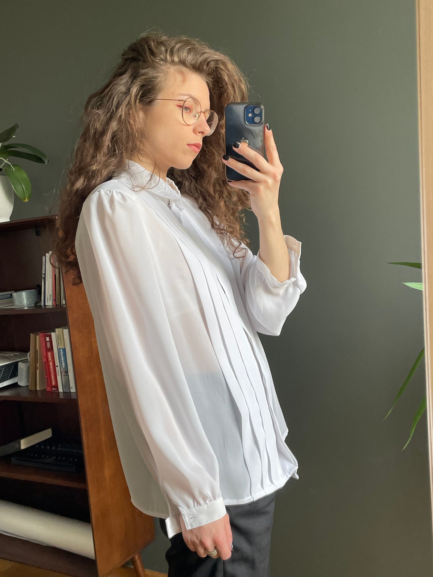 Vintage women blouse in white, pleated blouse