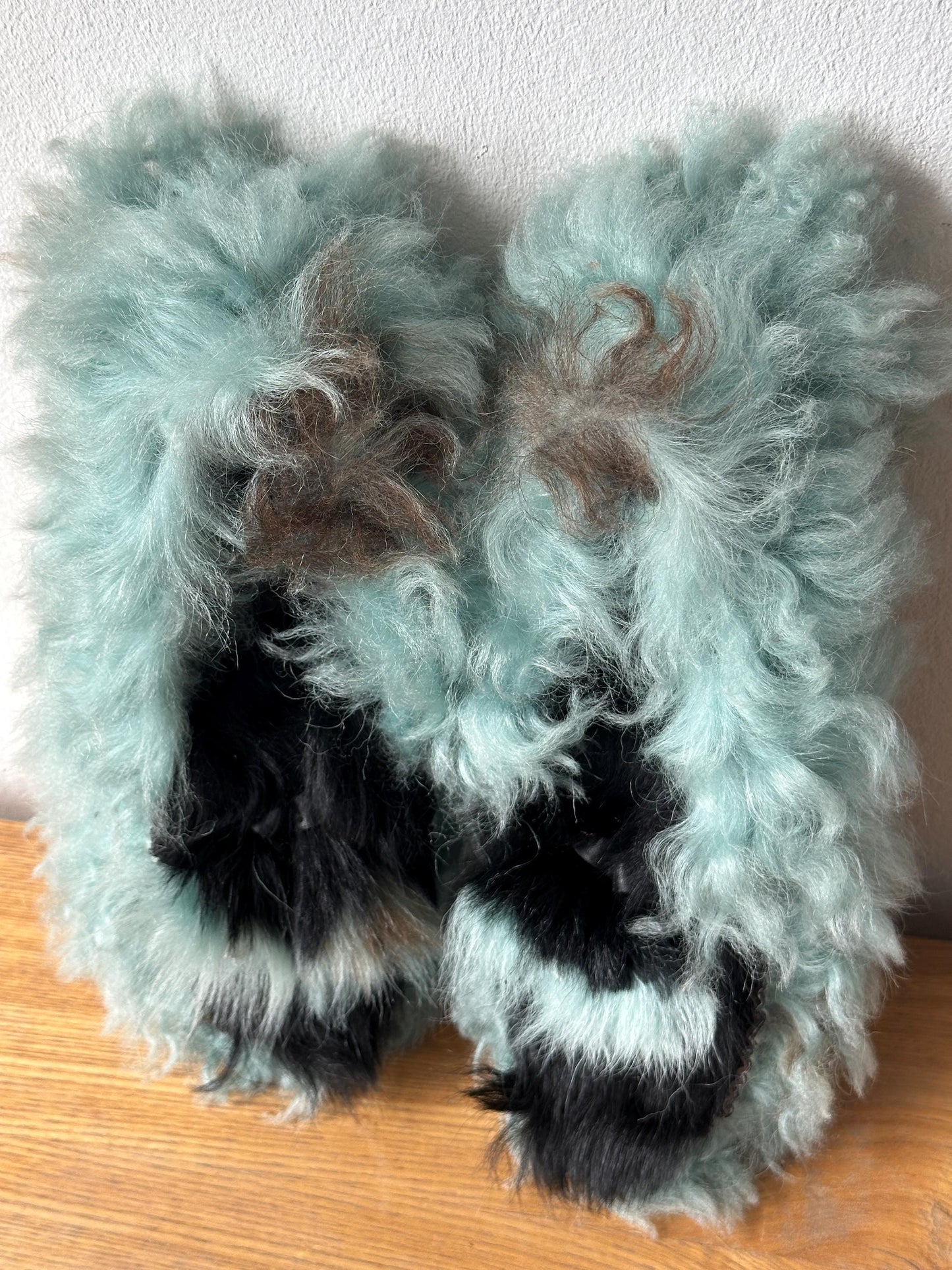 Vintage Prada Milano Shearling Fur Slipper | Mint Green & Black Furry Slides | US 6