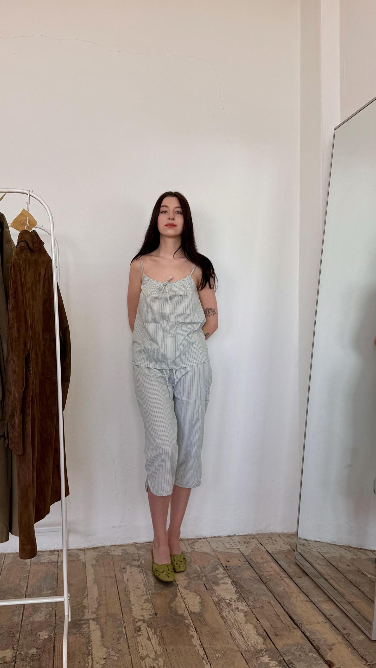 Vintage 90s striped pajama cotton top and trousers set in white