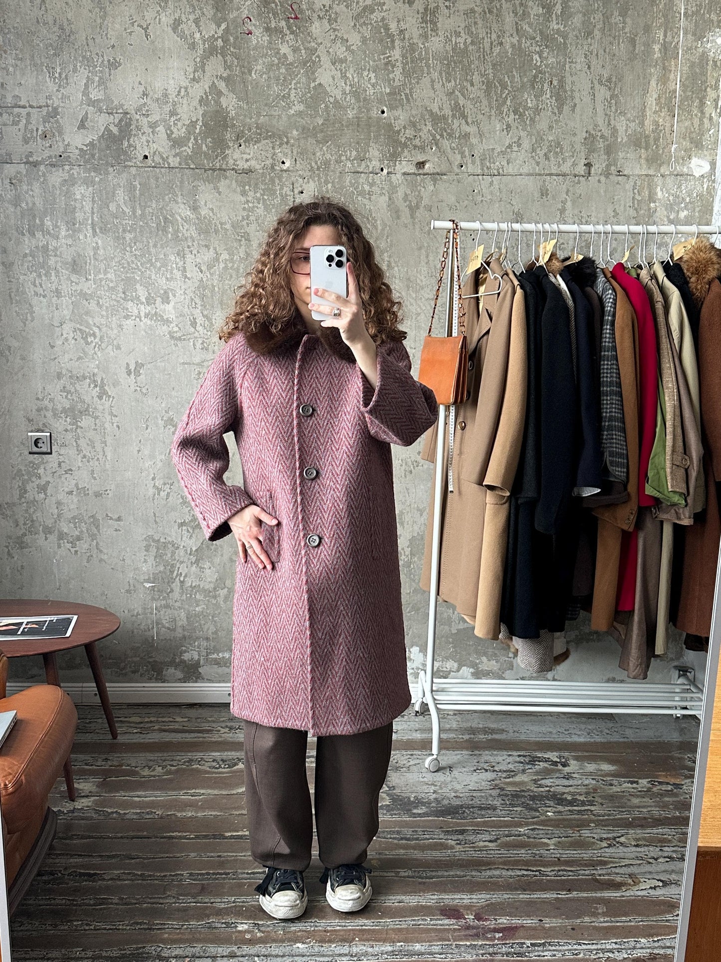 Vintage 60s–70s dusty rose wool herringbone coat