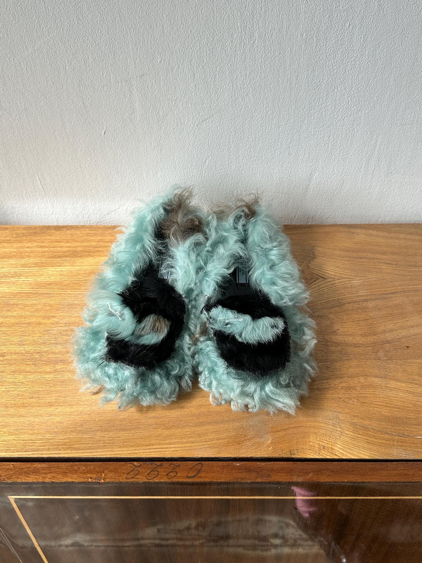 Vintage Prada Milano Shearling Fur Slipper | Mint Green & Black Furry Slides | US 6