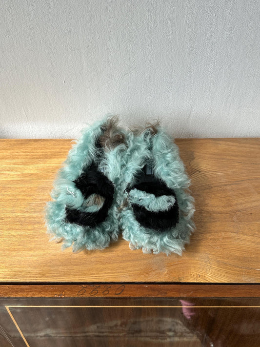 Vintage Prada Milano Shearling Fur Slipper | Mint Green & Black Furry Slides | US 6
