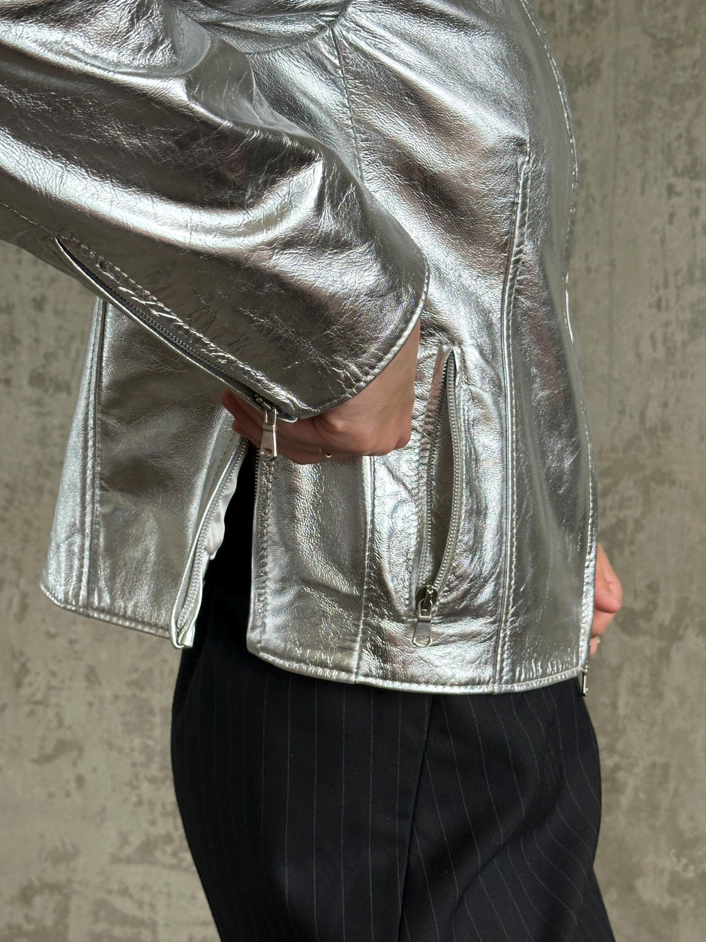 Vintage Y2K Silver Metallic Leather Jacket | Moto Racer Zip Jacket