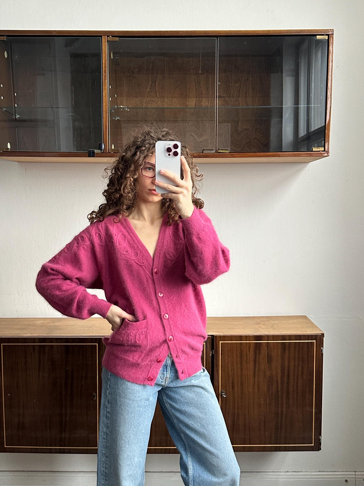 Vintage Angora Wool Embroidered Cardigan In Pink