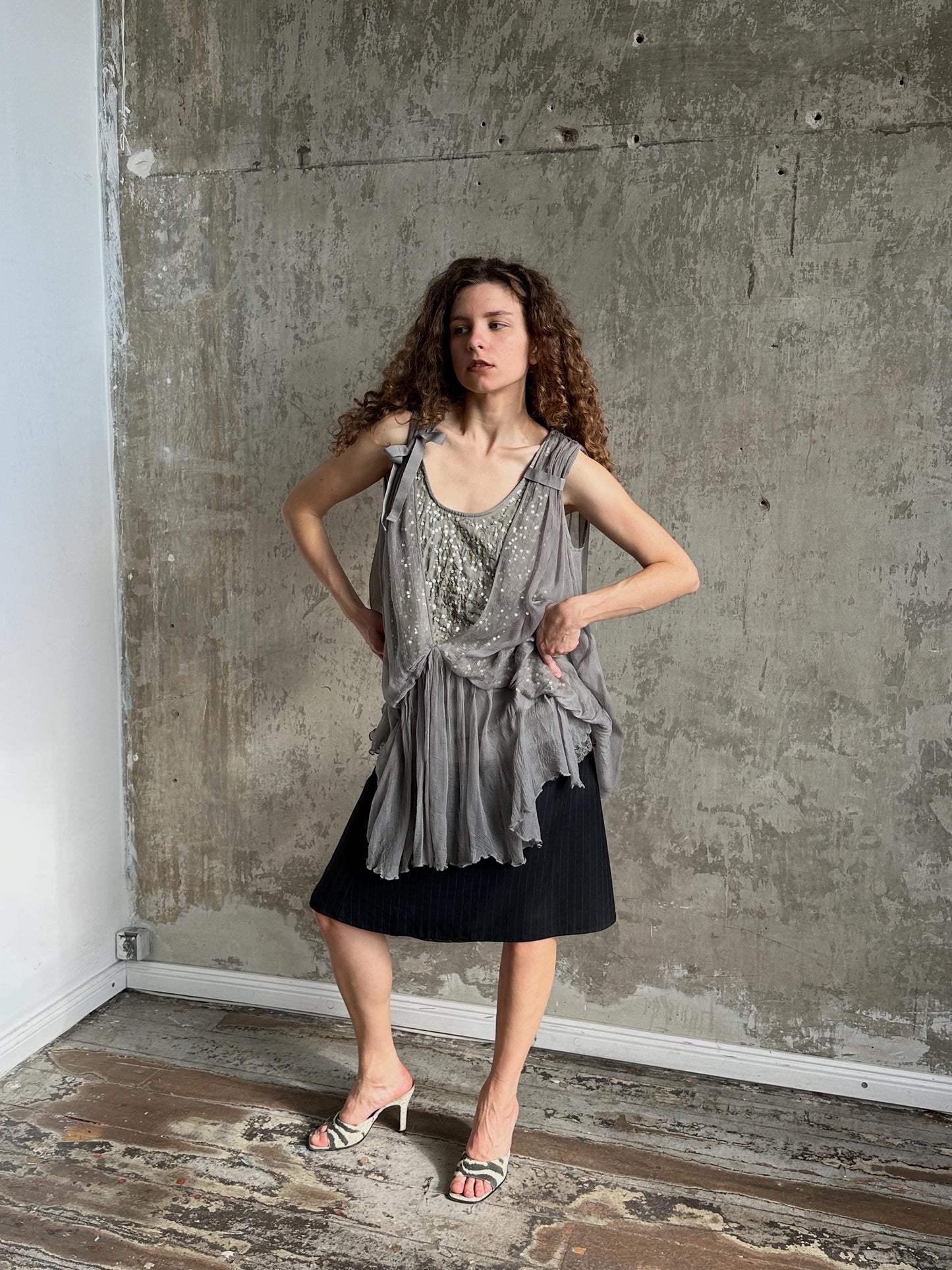 Vintage Liu Jo Grey Sequin Lace Dress | Layered Ruffle Dress