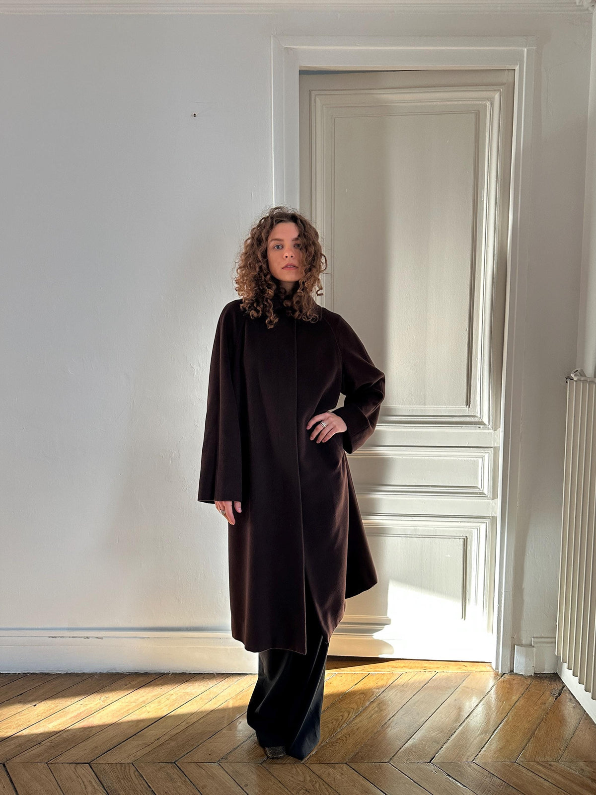 Vintage Les Copains Long Wool Angora Cashmere Coat in Chocolate Brown