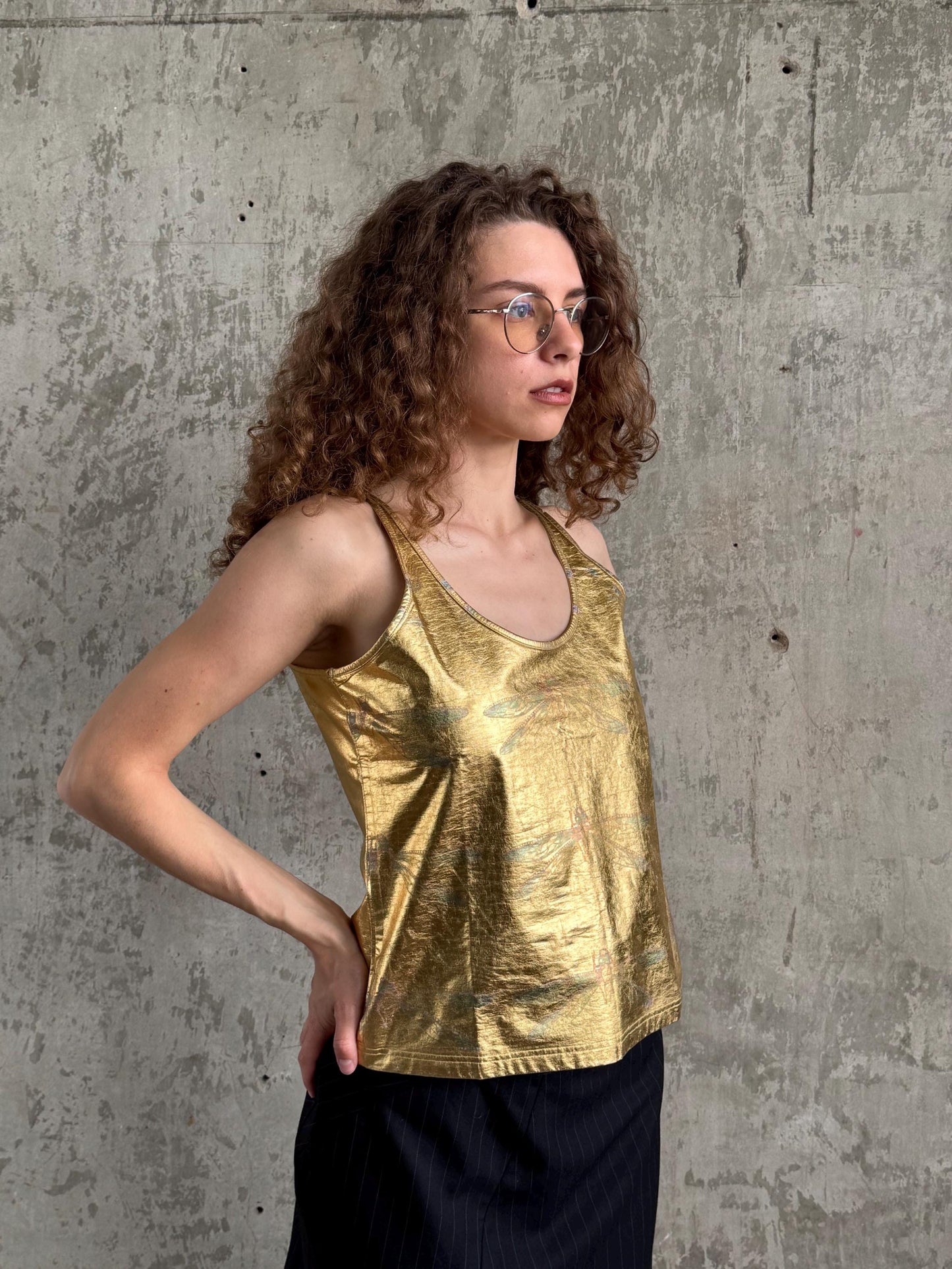 Vintage Just Cavalli Gold Metallic Tank Top, Y2K Italian Designer Clubwear Camisole