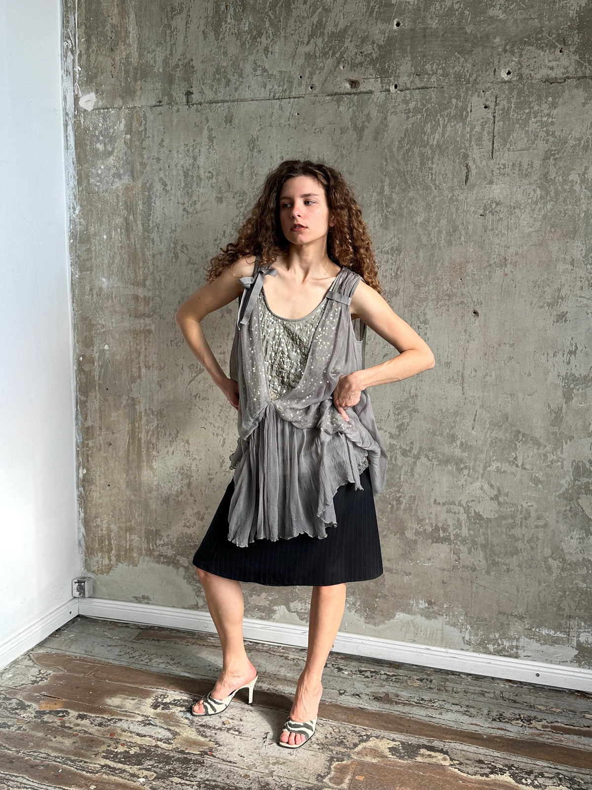 Vintage Liu Jo Grey Sequin Lace Dress | Layered Ruffle Dress