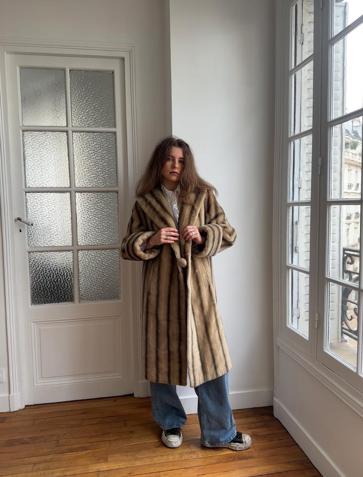 Vintage 60s Faux Fur Coat: Striped, Pom-Pom Closure, Midi Length, British Nylon