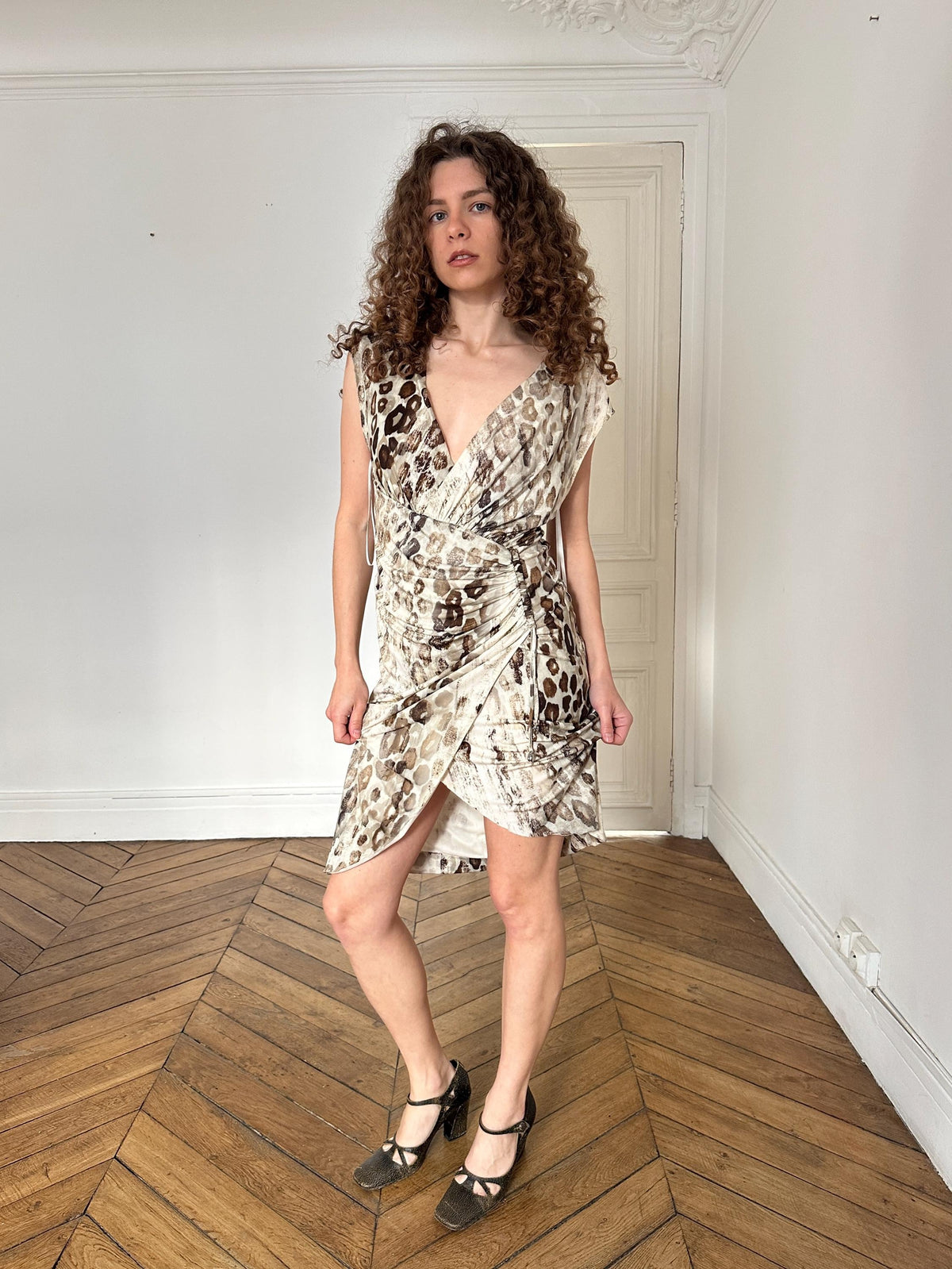 Vintage Roberto Cavalli Leopard Print Wrap Dress in Beige