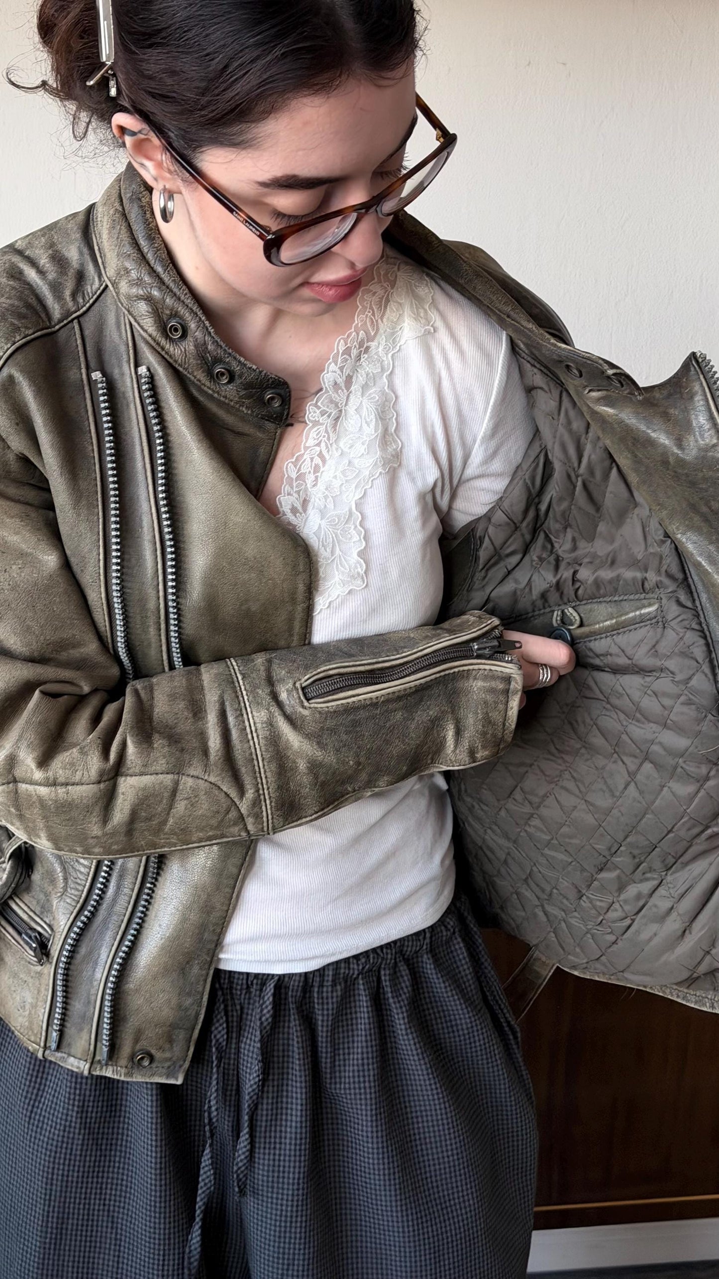 Vintage faded motorcycle leather jacket in brown