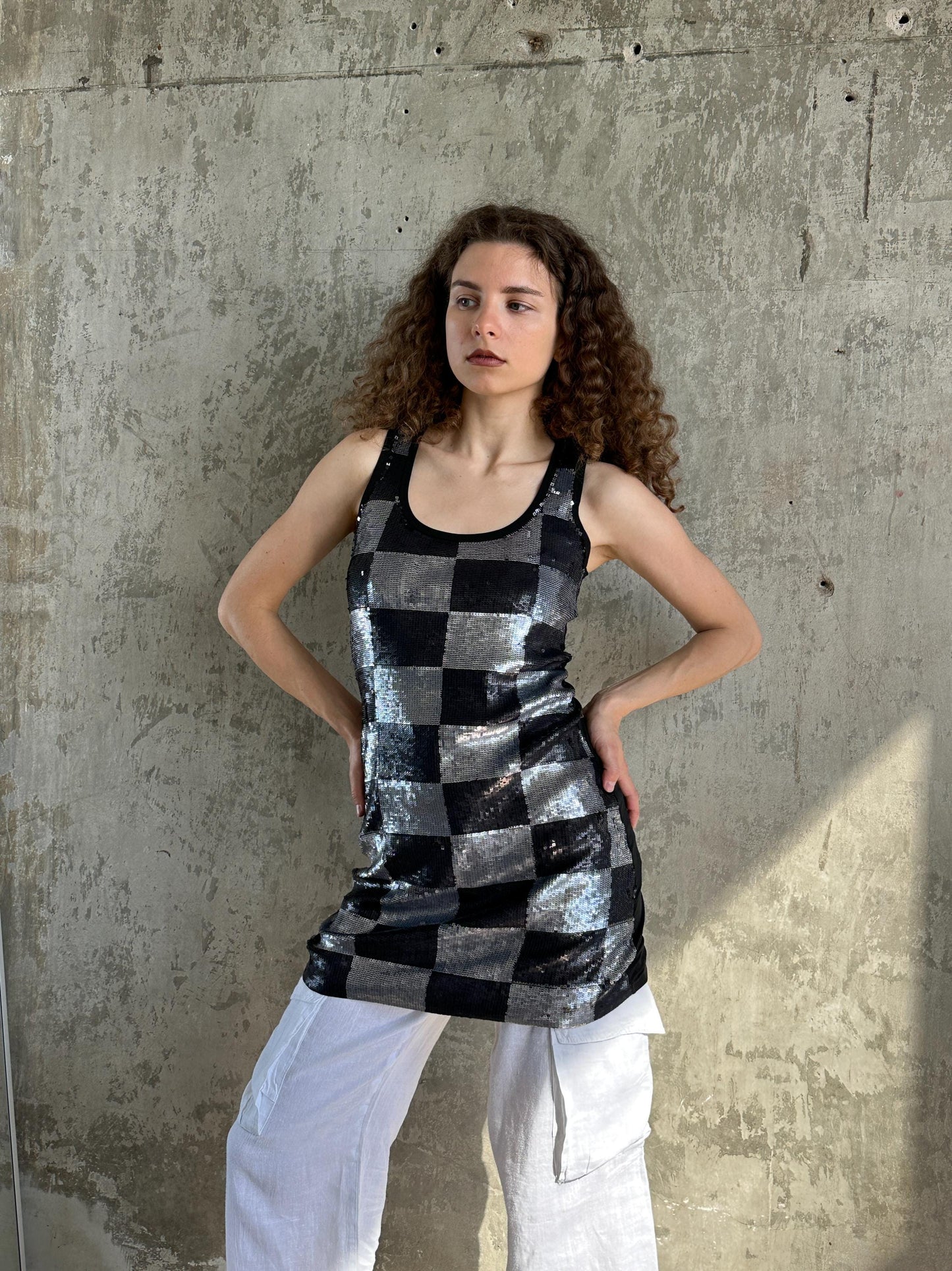 Vintage Silver Black Checkerboard Sequin Mini Dress