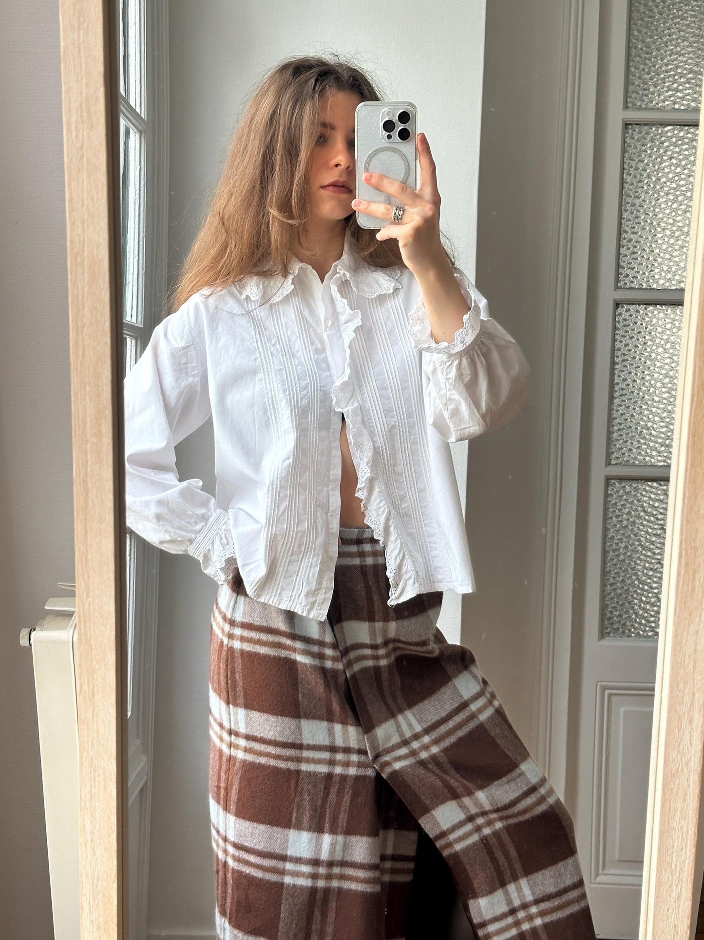 Vintage Plaid Wool Maxi Skirt in Brown