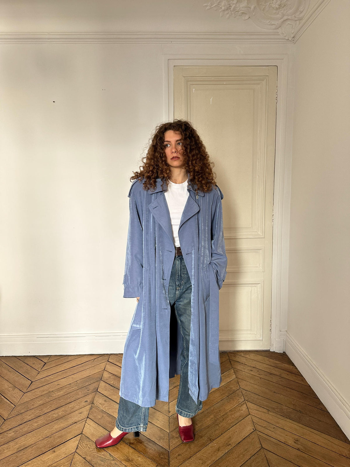 Vintage Cloudy Blue Long Trench Coat