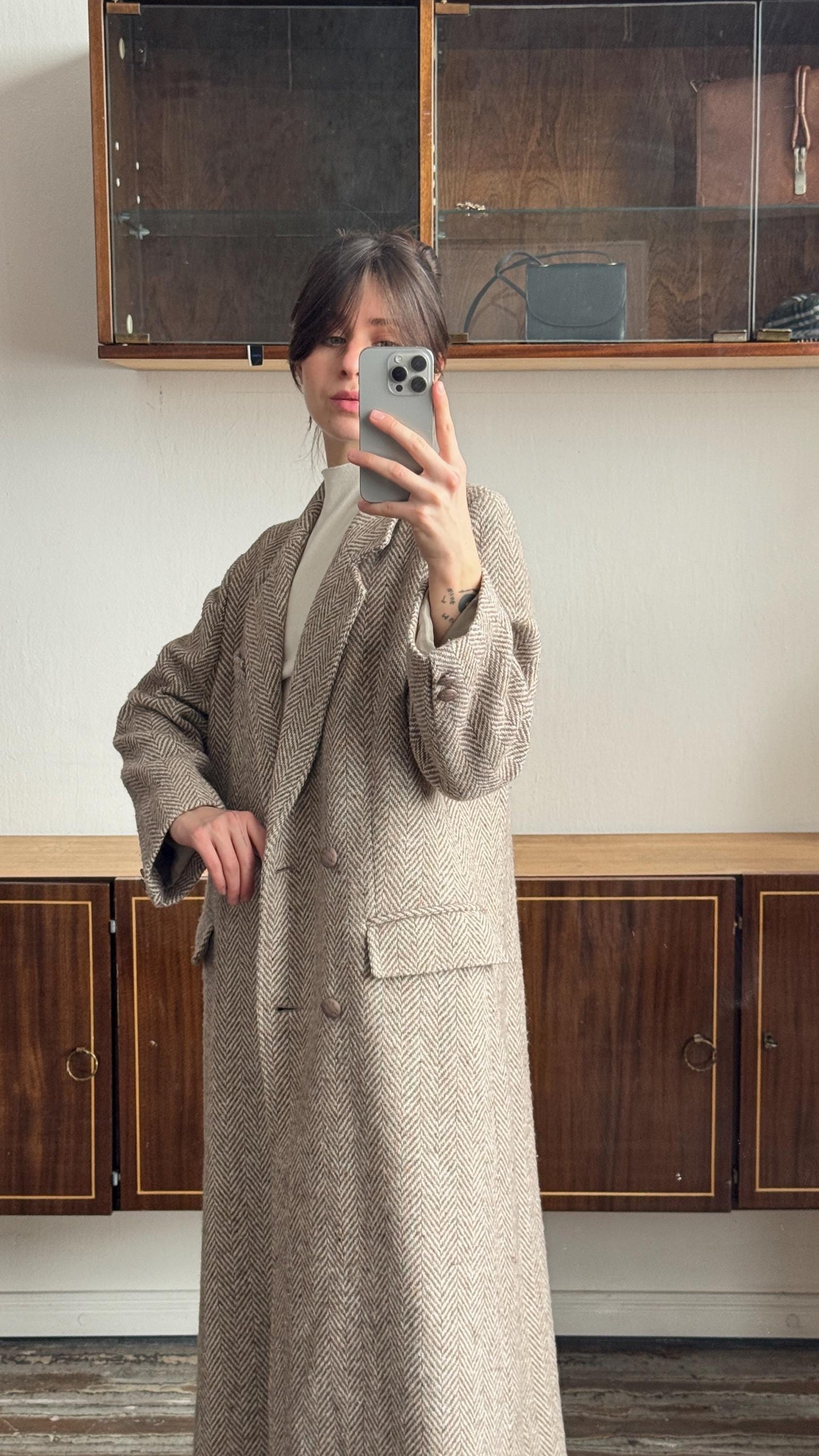 Vintage 90s Maxi Wool Classic Double-Breasted Coat In Beige