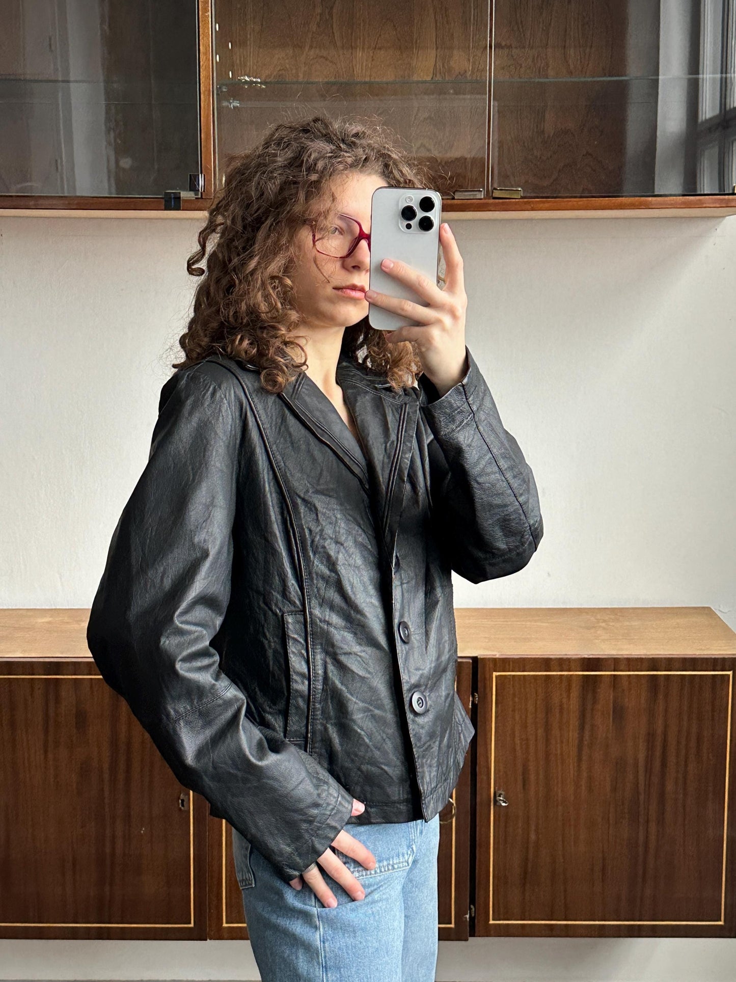 Vintage Oversized Leather Jacket In Black