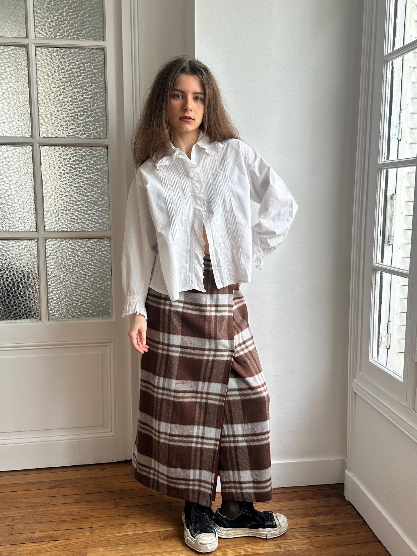 Vintage Plaid Wool Maxi Skirt in Brown