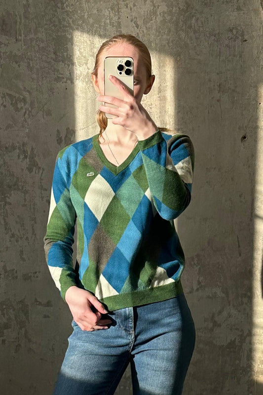 Vintage LACOSTE slim fit long sleeve top diamond print in green/blue