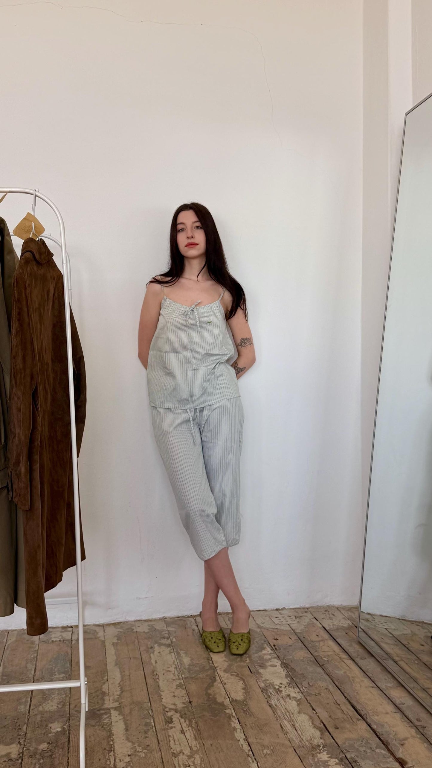 Vintage 90s striped pajama cotton top and trousers set in white