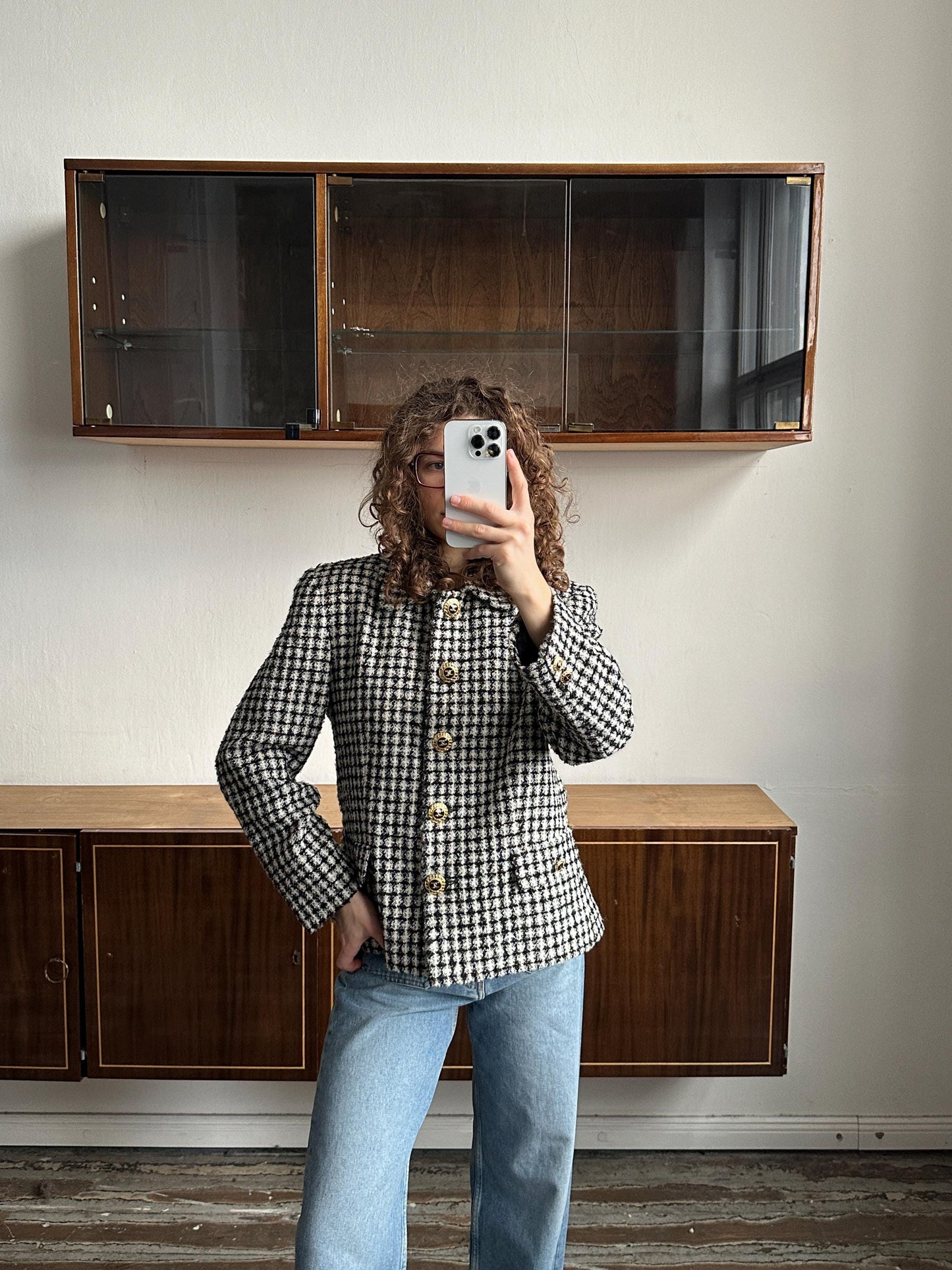 Vintage 80s Checked Tweed Blazer In Black & White