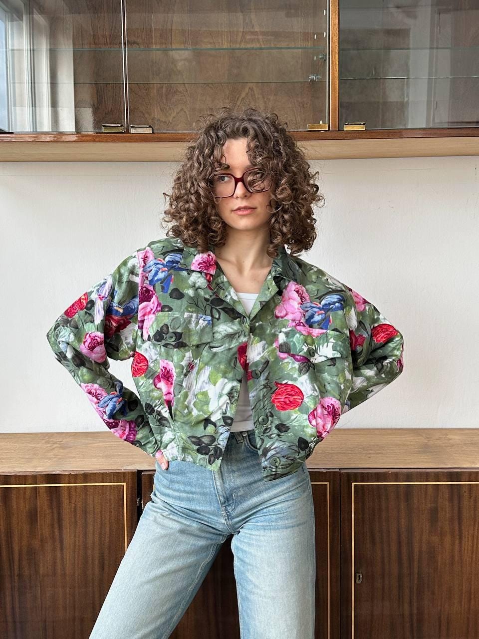 Vintage lightweight floral jacket in green & pink