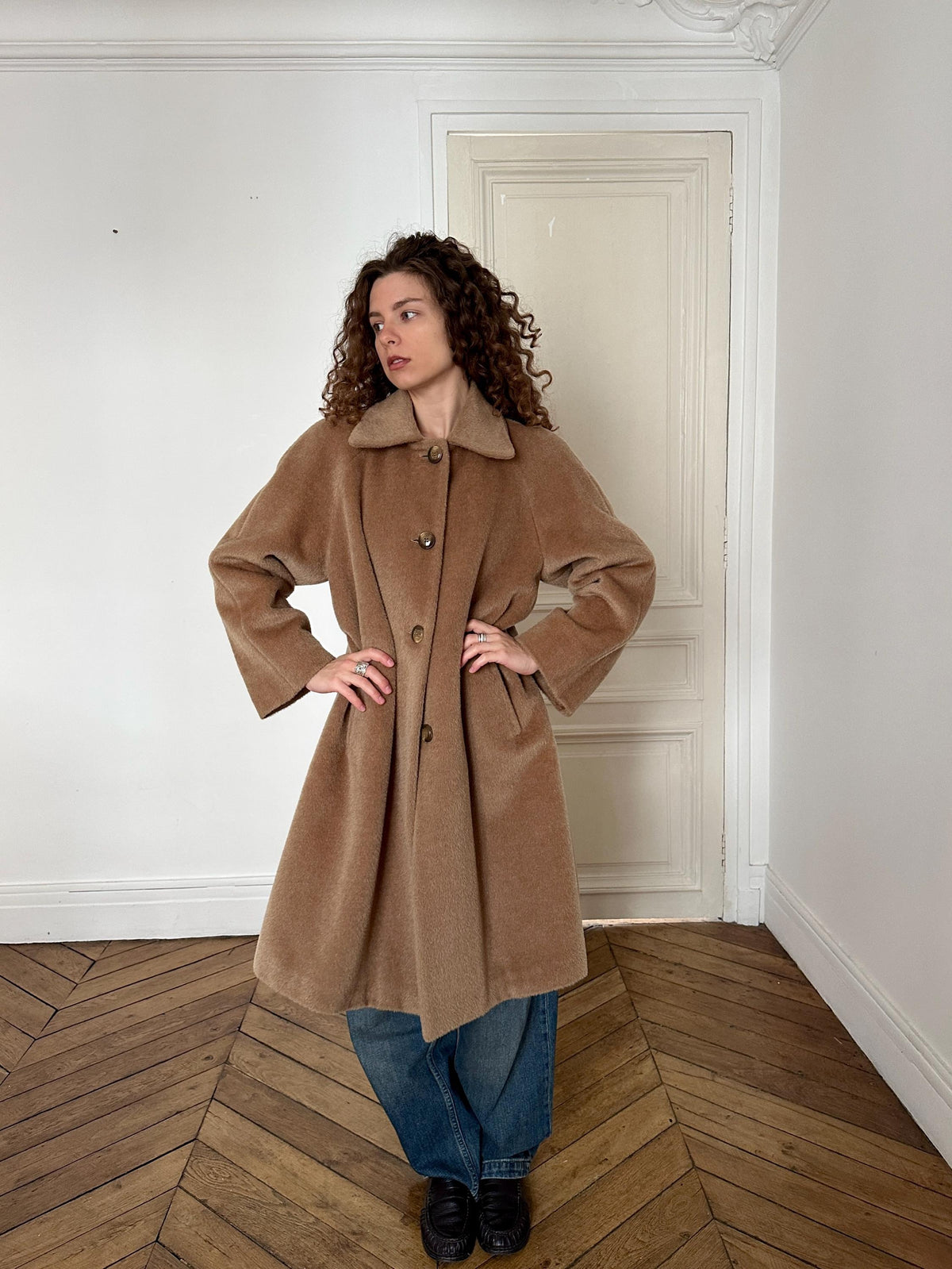 Vintage 90s Mohair Wool Teddy Coat in Beige