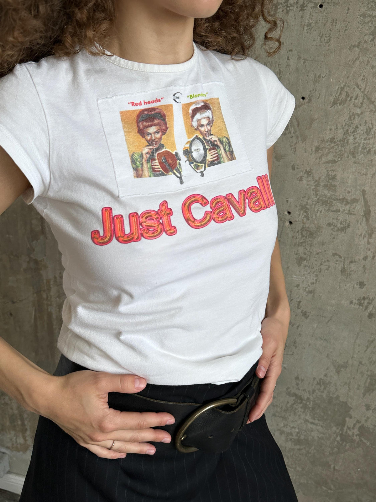 Vintage Just Cavalli White Graphic Baby Tee | Y2K Cotton Micro T-Shirt