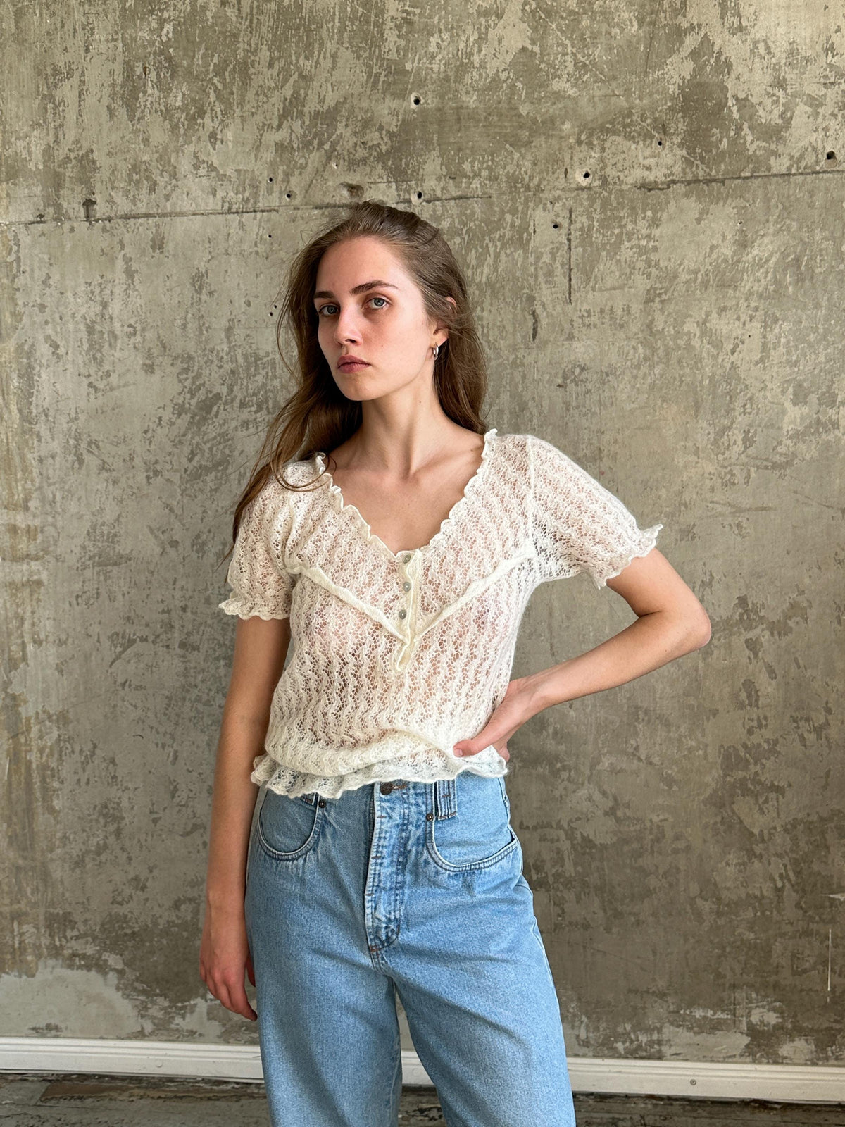 Vintage Mohair Romantic Ruffle Top in White I Sheer Knitted Top