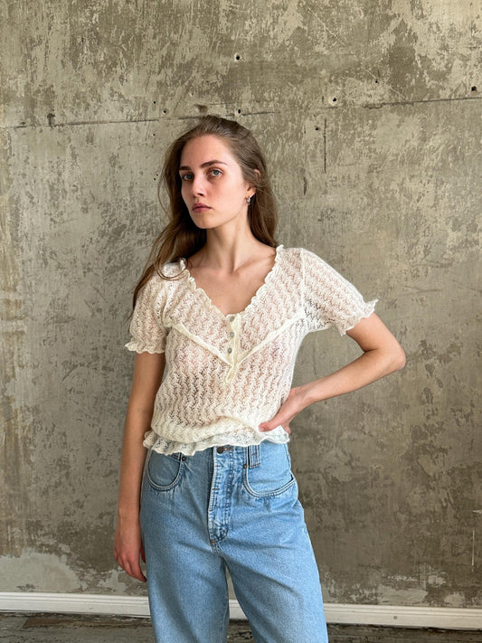 Vintage Mohair Romantic Ruffle Top in White I Sheer Knitted Top