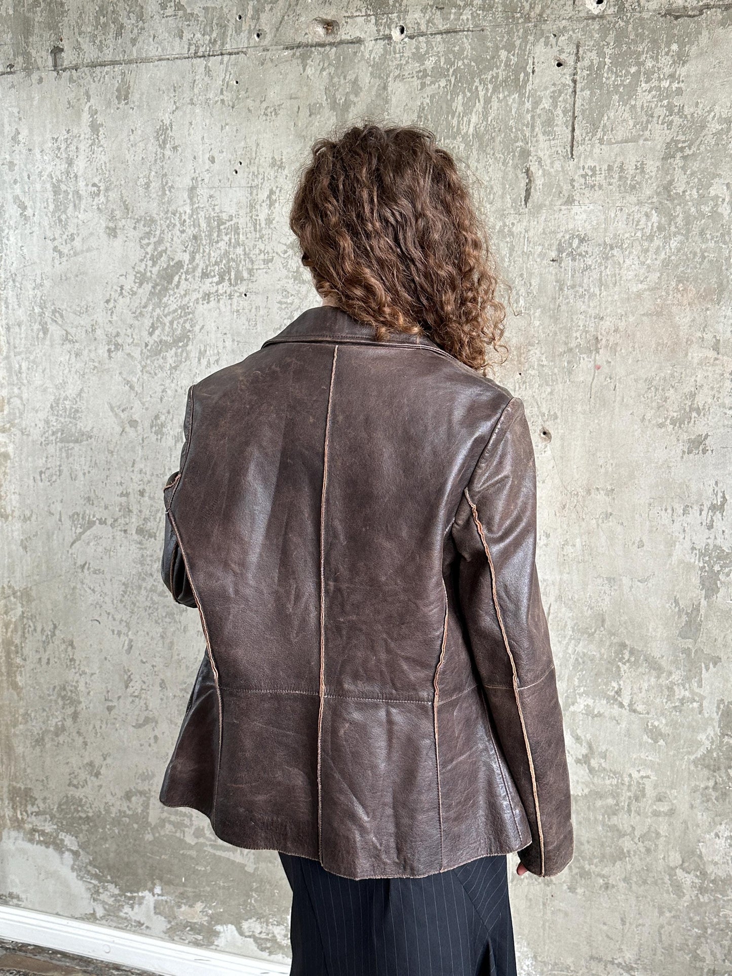 Vintage Brown Leather Tailored Blazer Jacket | Distressed Worn-In Leather